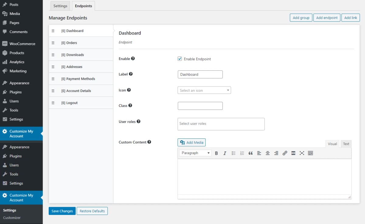 Customize My Account Page for WooCommerce